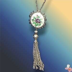 Vintage Paradise Silver Tassel Pendant Necklace with Purple Floral Design 351